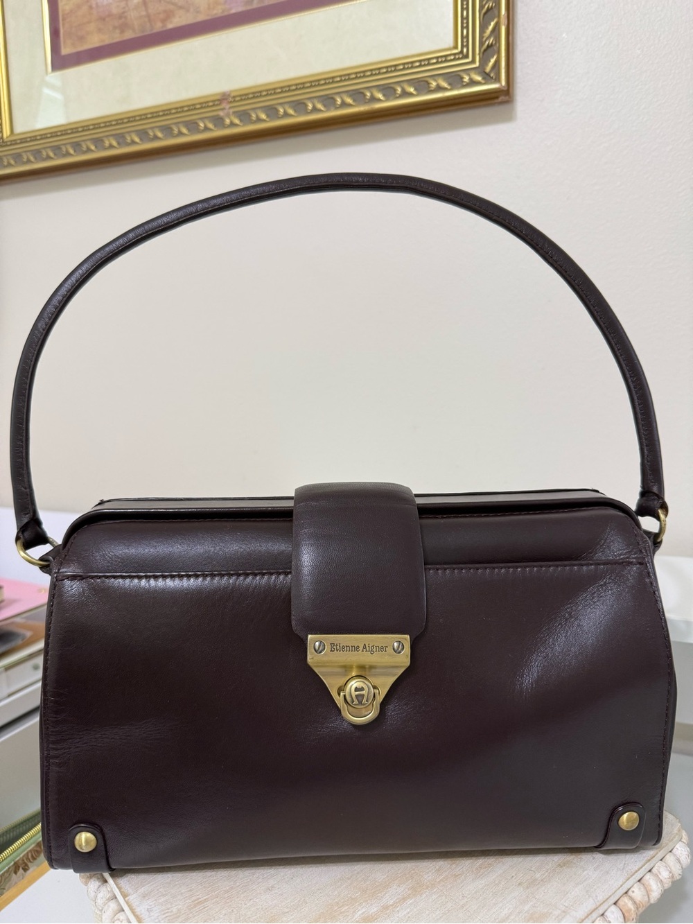 Vintage Etienne Aigner Dark Brown Leather Shoulder Bag with Gold Hardware